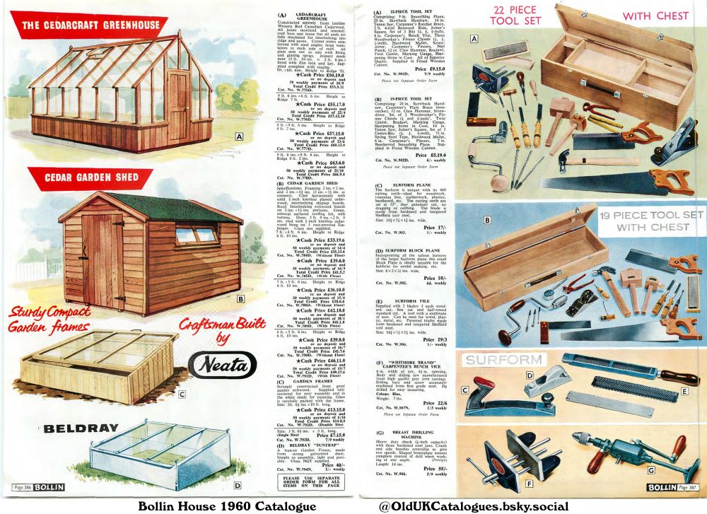 This page from a vintage catalogue showcases garden structures (greenhouses, sheds, and frames) and a range of tools and workshop equipment, including tool sets, planes, files, and a bench vice. Pricing and payment plans are detailed. (+19-Piece Tool Set with Chest 22-Piece Tool Set with Chest Beldray Suntrap Breast Drilling Machine Cedar Garden Shed Cedarcraft Greenhouse Garden Frames Surform Block Plane Surform File Surform Plane and Whitmore Brand Carpenter's Bench Vice)