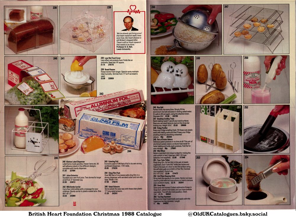 This page is from a kitchenware catalogue featuring various products including food storage items, cooking tools, and cleaning accessories. The products are arranged with images and prices, making it easy for customers to browse and select their desired items.

(+Bread Keeper
Catering Foil
Cling Film Pack
Fridge Purifier
Hot Plate Cleaning Stick
Juice Extractor
Kitchen Label Dispenser
Lace Net Food Cover
Milk Bottle Carrier
Mini Mixer
Pair of Potato Bakers
Rice Ball
Salad Scissors
Soap Sam
Stacking Cooling Trays
Tea Bag Squeezer
and Two Tube Tidies)