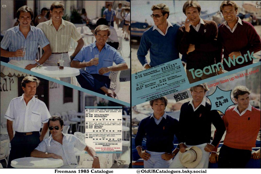 This catalogue page showcases men's summer clothing, featuring a selection of shirts and pullovers in various colors and styles. The page emphasizes teamwork and offers larger sizes up to 48 inches chest, indicating a focus on providing a wider range of sizes.

(+Airforce Blue Pullover
Black Pullover
Blue Check Shirt
Blue Shirt
Blue Stripe Shirt
Burgundy Pullover
Chocolate Pullover
Navy Pullover
Red Pullover
White Shirt
and Yellow Stripe Shirt)