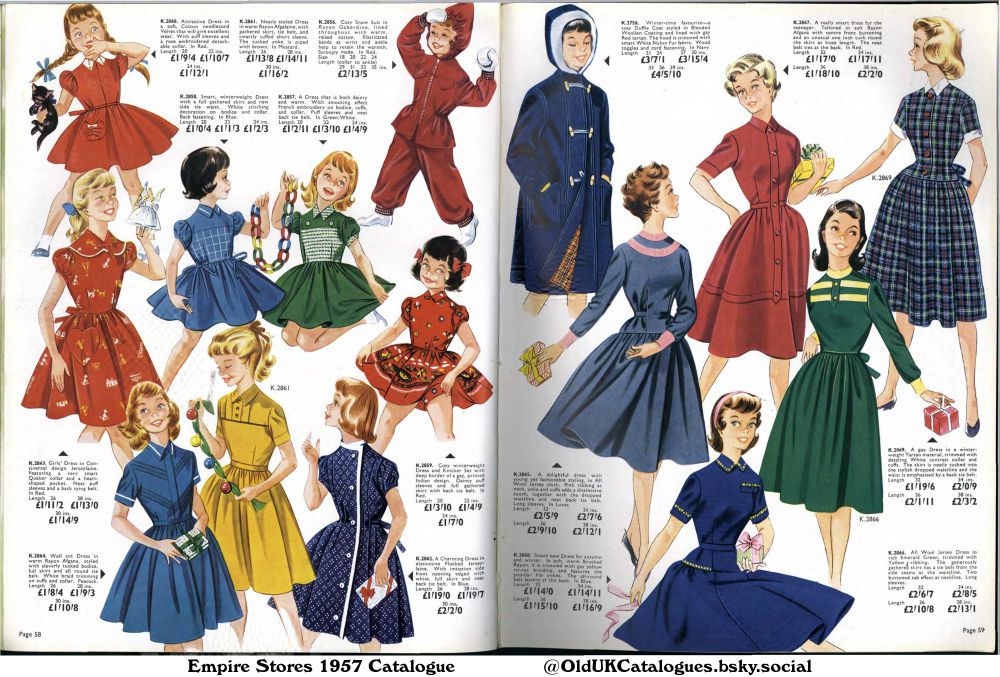 This page showcases a selection of girls' dresses and outerwear for both children and teens, including various styles, fabrics, and price ranges. Each item is accompanied by its price, size information, and a code for easy identification.

(+All Wool Jersey Dress
Attractive Dress
Charming Dress
Cosy Snow Suit
Cosy winterweight Dress and Knicker Set
Delightful dress
Gay Dress
Girls' Dress
Neatly styled Dress
Really smart dress
Smart new Dress
Smart winterweight Dress
Well cut Dress
and Winter-time favourite-cosy Duffle Coat)