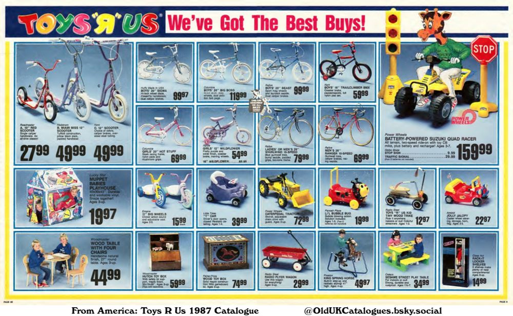 This catalog page features a variety of toys, bikes, and furniture available at Toys "R" Us. The products range from scooters and bikes to playhouses, wagons, and toy boxes. This is a selection of items aimed at children of various ages, with a focus on outdoor and indoor fun.

(+Battery-Powered Suzuki Quad Racer
Boys' 20" Beast
Boys' 20" Sigma
Columbia Boys' 20" Big Boss
Columbia Girls' 20" Hot Stuff
Empire 11" Big Wheels
Fisher-Price Wood Toy Box
Girls' 12" Wildflower
Hedstrom B. Miami Miss 12" Scooter
Jolly Jalopy
Kent Boys' 16" Trailclimber BMX
Kent C. 12" Scooter
King Spring Horse
Li'l Bubble Bug
Little Tikes Driver
Lucky Star Muppet Babies Playhouse
Rack-It Locker Shelves
Radio Flyer Wagon
Rallye Boys' 20" Beast
Rallye Ladies' Or Men's 26" Whirlwind 10-Speed
Rallye Men's 26" Ranger 10-Speed
Roadmaster A. 10" Red Scooter
Sesame Street Play Table
Toys 'R' Us Kid Tiny Wood Trike
Wood Hutch Toy Box
and Wood Table With Four Chairs)