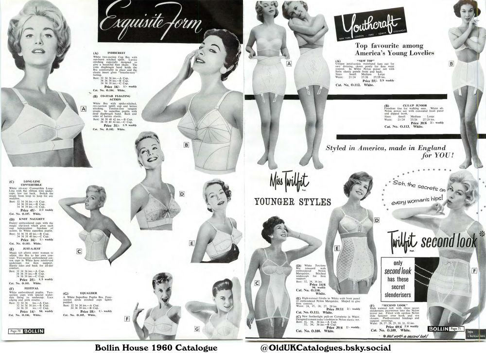 This page from a lingerie catalogue showcases various bras, girdles, and corselets from two brands: Exquisite Form and Miss Twilfit. The page emphasizes styles for younger women, featuring images of models wearing each garment alongside price and catalog number information.

(+Co-star Floating Action
Cut-up Junior
Equaliser
Festival
High-waisted Girdle
Indiscreet
Just-a-Just
Knot Naughty
Long-line Convertible
New Top
New featherlight pull-on Corselette
and Twilfit second look)