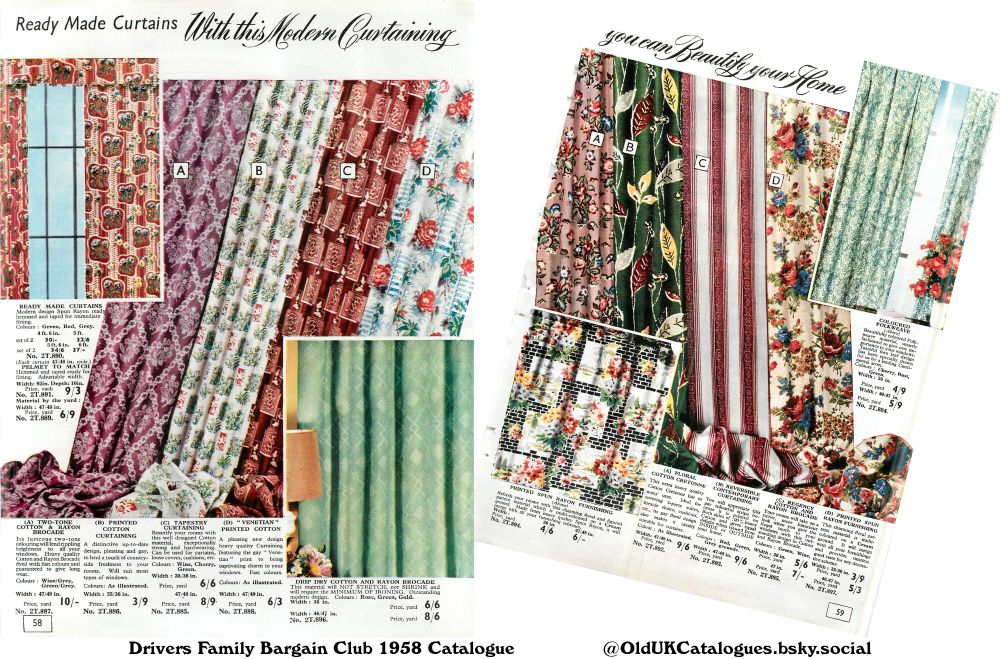 This page showcases ready-made and custom-made curtains in a range of colors, patterns, and materials. Various designs, including brocades, tapestries, and printed cottons are featured, catering to diverse interior styles. Price points and measurements are clearly indicated for each product.

(+Coloured Folkweave
Floral Cotton Cretonne
Printed Cotton Curtaining
Printed Spun Rayon Furnishing
Ready Made Curtains
Regency Cotton and Rayon Brocade
Reverisble Contemporary Curtaining
Tapestry Curtaining
and Two-Tone Cotton & Rayon Brocade)