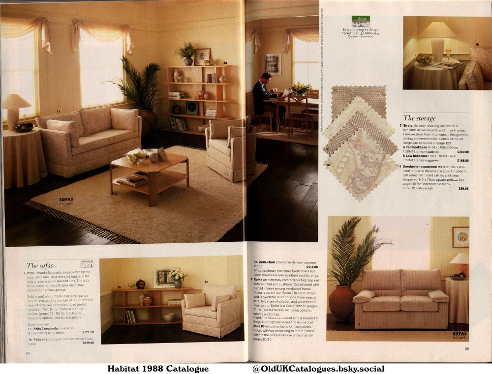 This page showcases sofas and storage furniture from a Habitat catalogue. The sofas are available in various sizes and fabrics, with options for loose covers. The storage section features a shelving unit and an occasional table. The page includes fabric swatches and pricing.

(+Dorchester occasional table
Roma sofa
Strata low bookcase
Strata tall bookcase
Zella 2 seat sofa
and Zella chair)
