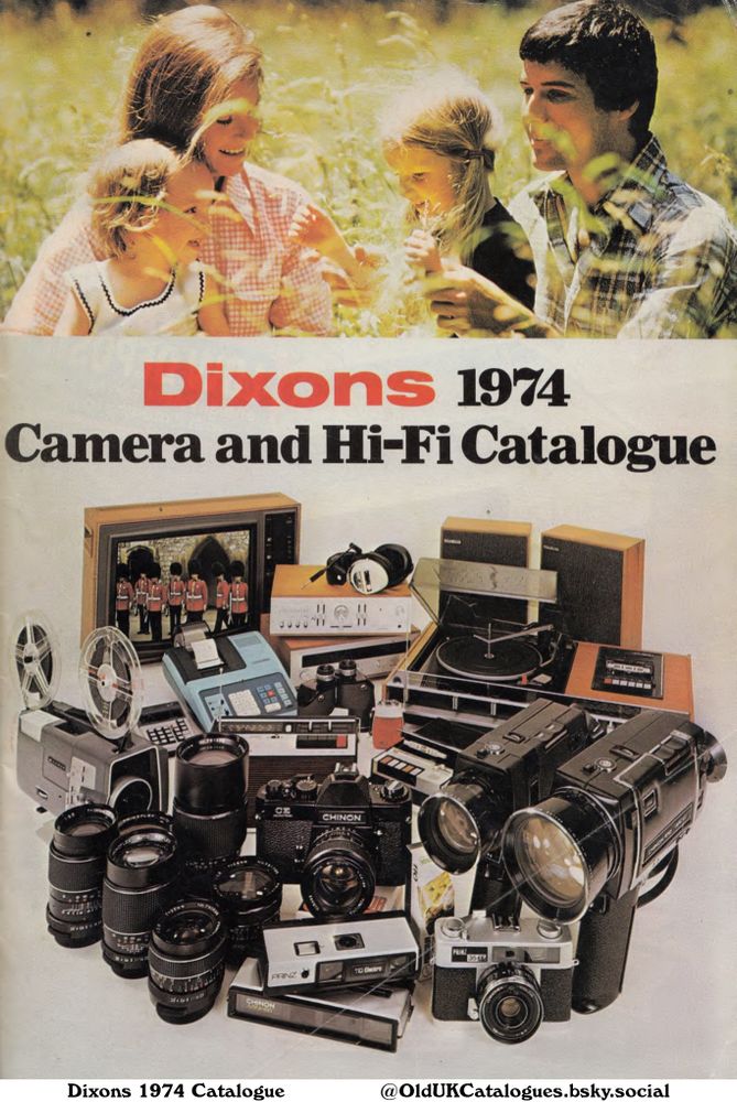 This is a Dixons 1974 Camera and Hi-Fi Catalogue page featuring a family in a field and a wide array of consumer electronics products. The image shows cameras, camcorders, reel-to-reel tape recorders, a turntable, a television, and other audio-visual equipment.

(+Camcorder
Chinon Camera
Prinz 110 Electro Camera
Prinz 35 EE Camera
Radio Cassette Player
Reel-to-reel tape recorder
Stereo System
Television
and Turntable)