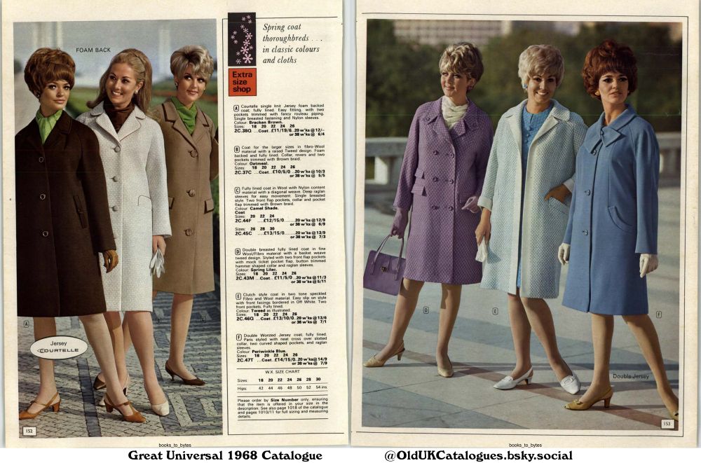 This page showcases a selection of women's spring coats in various styles, colors, and fabrics, including jersey, fibro-wool, and tweed. The coats are available in different sizes and are fully lined, offering comfort and style. The page includes a size chart and ordering information.

(+Clutch style coat
Coat for the larger sizes
Courtelle single knit Jersey foam backed coat
Double Worsted Jersey coat
Double breasted fully lined coat
and Fully lined coat)