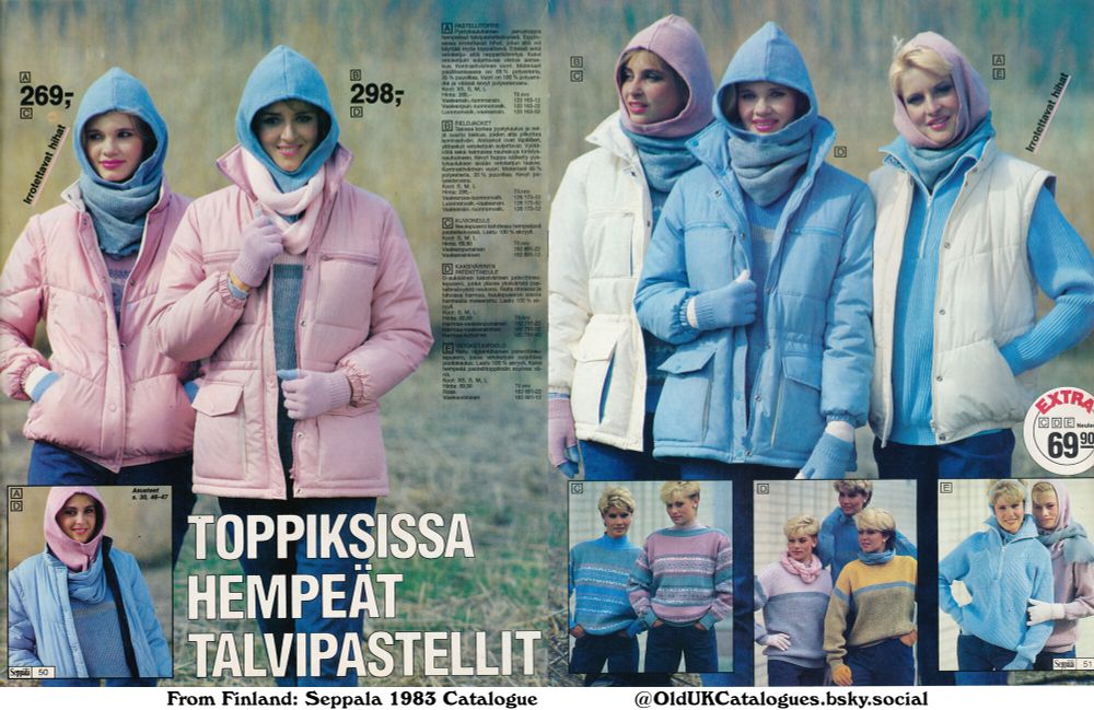 This page showcases women's winter clothing from Seppälä. The main focus is on padded jackets in pastel colors, along with coordinating sweaters and knitted tops. The imagery displays the clothing on models in a wintry outdoor setting.

FIELDJACKET «Field Jacket»
KAKSIVÄRINEN PATENTTINEULE «Two-tone Patent Knit»
KUVIONEULE «Patterned Knit»
PASTELLITOPPIS «Pastel Padded Jacket»
VETOKETJUPOOLO «Zip-up Polo Neck Sweater»