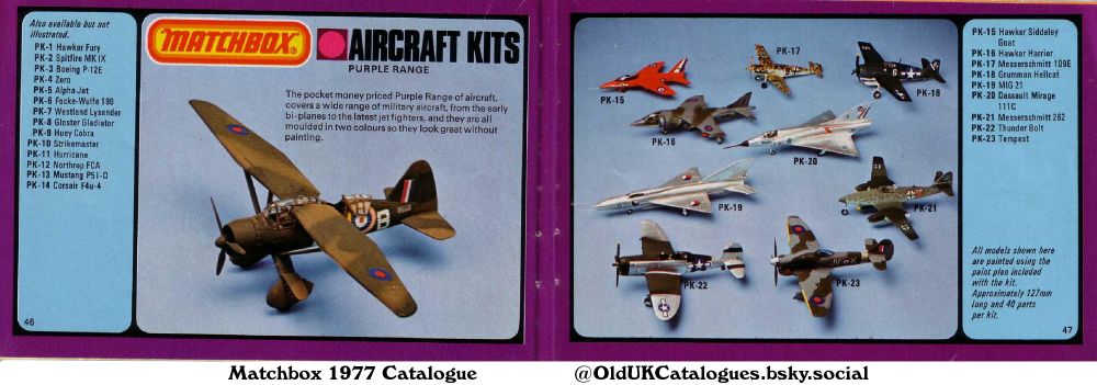 This is a Matchbox Aircraft Kits catalogue page showcasing their Purple Range. The page features images of various model aircraft kits, along with a list of additional kits not pictured. A brief description highlights the range's affordability and pre-painted two-tone design.

(+Alpha Jet
Boeing
Corsair F4u-4
Dassault Mirage 111C
Focke-Wulfe 190
Gloster Gladiator
Grumman Hellcat
Hawker Fury
Hawker Harrier
Hawker Siddeley Gnat
Huey Cobra
Hurricane
MIG 21
Messerschmitt 109E
Messerschmitt 262
Mustang P51-D
Northrop FCA
Spitfire Mk IX
Strikemaster
Tempest
Thunderbolt
Westland Lysander
and Zero)