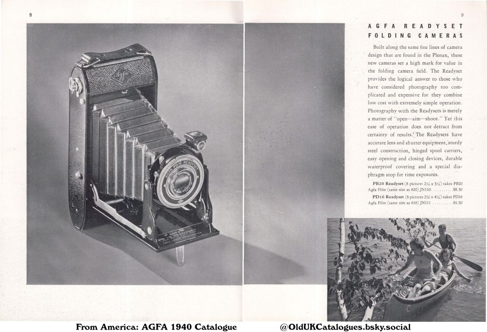This catalog page features Agfa Readyset folding cameras, highlighting their user-friendly design and affordability. It includes information about two models, the PB20 and PD16, along with their corresponding Agfa film sizes. The page also includes an image of a camera and an image of people using a canoe and contains prices for the cameras and corresponding film.

(+Film
PB20 Readyset
and PD16 Readyset)