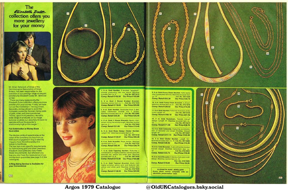 This is a page from a jewellery catalogue showcasing the Elizabeth Duke collection. It features various gold necklaces and bracelets, organized by price, with accompanying retail and sale prices. The page also includes information about the collection's quality and guarantees.

(+1.9 ct. Gold Necklet
9 ct. Gold 2 Strand Braided Bracelet
9 ct. Gold 3 Strand Bracelet
9 ct. Gold Bracelet
9 ct. Gold Choker Necklet
9 ct. Gold Collarette
9 ct. Gold Fancy Chain Bracelet
9 ct. Gold Fancy Chain Necklet
9 ct. Gold Neckchain
9 ct. Gold Necklet
9 ct. Gold Rope Design Choker Necklet
9 ct. Gold Tapered Bracelet
and 9 ct. Gold Tapering Necklet)
