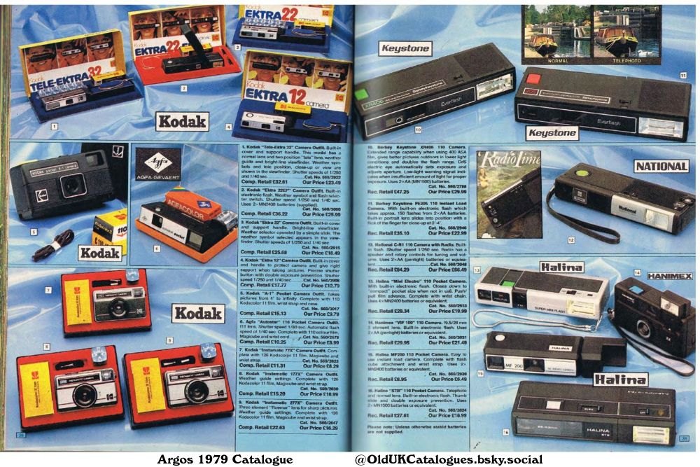 This page is a product catalogue page showcasing various cameras, mainly 110 and 126 film formats, from brands like Kodak, Halina, Keystone and National. The items are presented with their model names, catalogue numbers, and prices.

(+Agfa Autostar 110 Pocket Camera Outfit
Berkey Keystone PE205 110 Instant Load Camera
Berkey Keystone XR406 110 Camera
Halina 'Mini Electro' 110 Pocket Camera
Halina MF200 110 Pocket Camera
Halina STB 110 Pocket Camera
Hanimex 'VIF 100' 110 Camera
Kodak A-1 Pocket Camera Outfit
Kodak Ektra 12 Camera Outfit
Kodak Ektra 22 Camera Outfit
Kodak Ektra 22EF Camera Outfit
Kodak Instamatic 177X Camera Outfit
Kodak Instamatic 277X Camera Outfit
Kodak Instamatic 77X Camera Outfit
Kodak Tele-Ektra 32 Camera Outfit
and National C-R1 110 Camera with Radio)