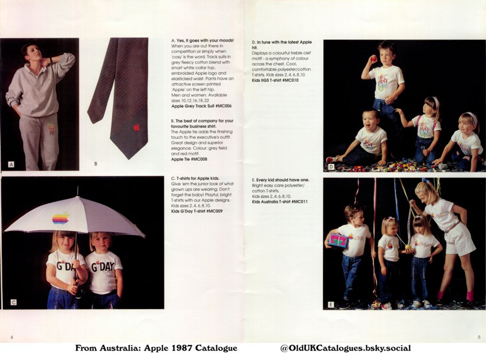 This page from an Apple catalogue showcases clothing and accessories. Adult items include a tracksuit and a tie. Children's apparel includes various T-shirts with Apple-themed designs. The layout uses photographs to display the products on models.

(+Grey Track Suit
Kids Australia T-shirt
Kids G'Day T-shirt
Kids IIGS T-shirt
and Tie)