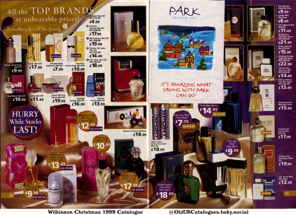 This is a Park Christmas 2000 catalogue page advertising top brand perfumes and aftershaves at discounted prices. The page features numerous products, organised by brand and gender, with striking visuals and price comparisons.

(+Amarige
Anais Anais
Blue Jeans
CK One
Cerruti 1881 Pour Femme
Chloé
Dolce & Gabbana
Dune for Men
Eau Savage
Eternity for Men
Extreme Polo Sport
Givenchy for Men
Hugo Woman
Jazz
Kouros
L'Air du Temps
Lacoste
Lou Lou
Obsession
Ocean Dream
Opium
Opium for Men
Paco Rabanne
Poison
Polo
Quorum
Red Door
Red Jeans
Samsara
and Sunflowers)