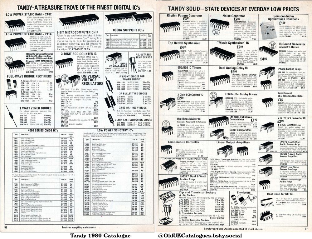 This is a Tandy catalogue page showcasing a wide variety of electronic components, including integrated circuits (ICs), diodes, rectifiers, and other solid-state devices. The page is organised into sections based on component type and application, with prices and part numbers provided for each item. It targets hobbyists and electronics enthusiasts.

(+1 Watt Zener Diodes
14-pin Profile
18-pin Profile
1A Epoxy Diodes
2,500 mA 1,000 V Diode
24-pin Profile
3-Digit BCD Counter IC
3A Bullet Type Diodes
4000 Series
4000 series CMOS ICs
555/556 IC Timers
709C Linear Operational Amplifier
74LS series
74LS series CMOS ICs
8-Bit Microcomputer Chip
8080A Support IC's
Adjustable Temperature Sensor
Dual Analog Delay IC
Full-Wave Bridge Rectifiers
Heat Sinks for DIP IC
IC Sound Generator
Ideal for 4510 Computer Memories
LED Bar/Dot Display Drivers
LM1800 FM Stereo Demodulator
LM339 Digital Comparators
LM339 Quant Comparators
LM377 Dual 2-Watt Audio Amp
LM387 Low Noise Audio Power Amp
LM3914N LED Bar/Dot Display Drivers
Low Current Flasher/Oscillator
Low Power Schottky IC's
Low Power Static RAM - 2102
Low Power Static RAM - 2114
Music Synthesizer IC
New for 1981 Dynamic RAM
Noise Generator
Oscillator/Divider IC
Phase Locked Loops
Rhythm Pattern Generator
SAD1024 Dual Analog Delay IC
TDA2020 20 Watt Hi-Fi Audio Power Amplifier
Temperature Controller
Top Octave Synthesizer
Ultra-Fast Switching Diodes
Universal Voltage Regulators
and V to F/F to V Convertor IC)