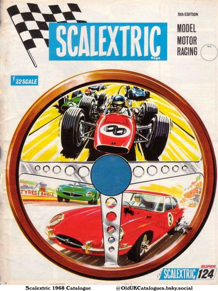 This is a page from a Scalextric catalogue, showcasing their 1:32 scale model motor racing sets. The image features various cars on a racetrack, and a steering wheel is prominently displayed. It highlights the brand's 9th edition.

(+124)