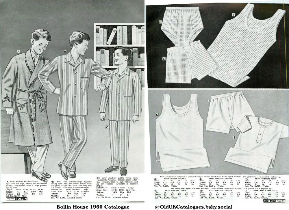 This page is from a boys' clothing catalogue, showcasing various items like dressing gowns, pyjamas, underwear (trunks, vests), and shirts. The items are illustrated with price and size information, targeting a younger male audience.

(+Boys' Athletic Trunks
Boys' Athletic Vests
Boys' Half-Sleeve Vests
Boys' Jockey Trunks
Boys' cool summer-weight Pyjamas
Boys' excellent quality woven stripe Flannelette Pyjamas
and Grey Blended Woollen Dressing Gown)