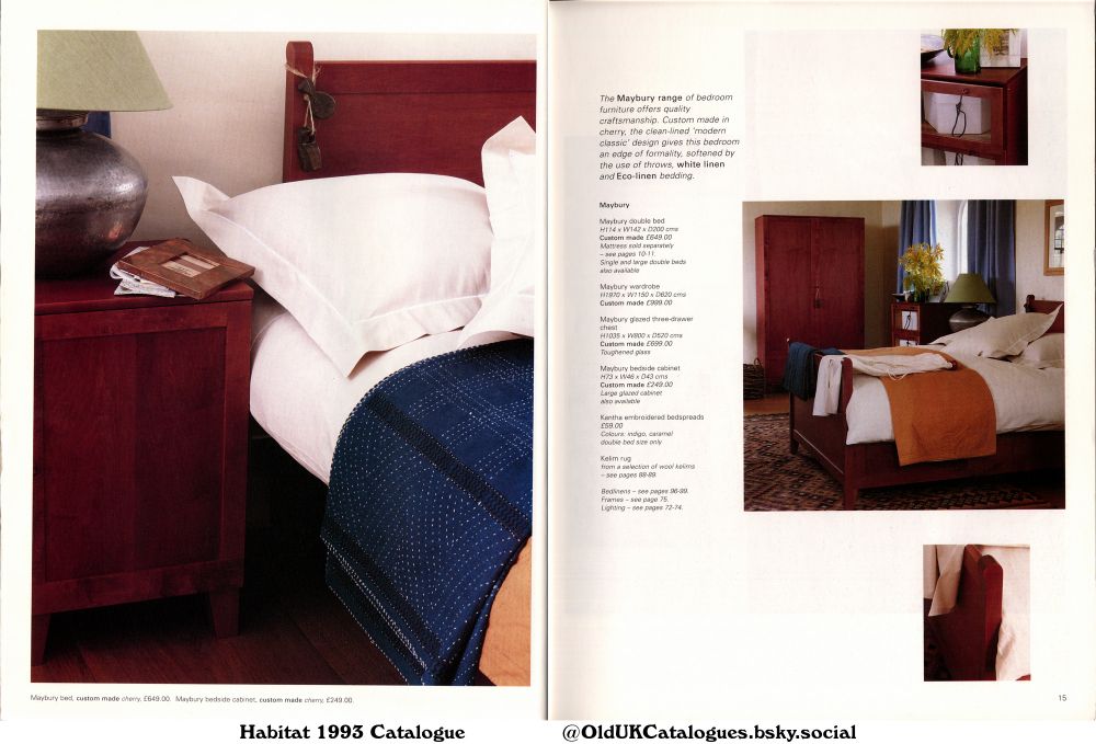 This page showcases the Maybury bedroom furniture range, featuring custom-made pieces in cherry wood. It highlights the classic yet modern design, emphasizing the use of linen and throws. The page also lists prices and sizes for beds, wardrobes, chests, and bedside cabinets, along with complementary bedding and rugs.

(+Kantha embroidered bedspreads
Kelim rug
Maybury bedside cabinet
Maybury double bed
Maybury glazed three-drawer chest
and Maybury wardrobe)