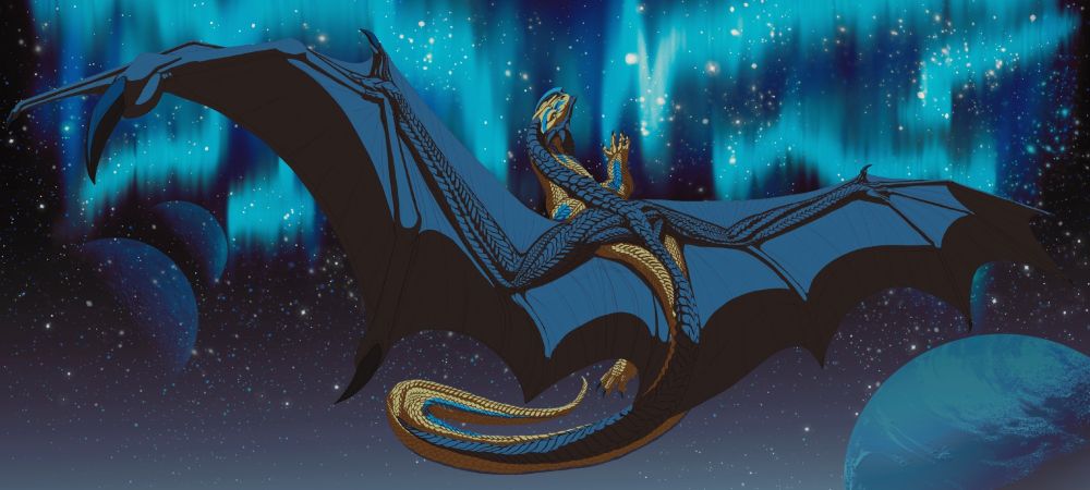 Yellow grey dragon rising high into the sky illuminated by a vibrant aurora borealis. 
