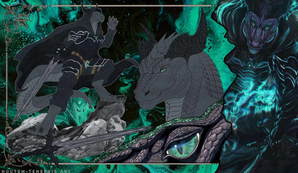 A black anthro dressed in armor and a cloak, brandishing a silver sword and emerald flames symbolizing vengeance.