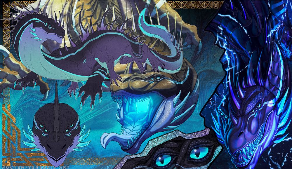 Character study of Axiinos, a leviathan, highlighting their underwater abilities, lightning powers, and formidable presence.