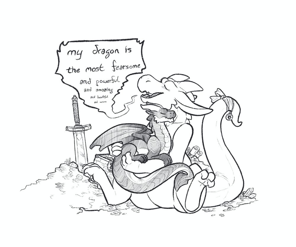 Sketch of a happy kobold holding a tiny dragon and exclaiming "My dragon is the most fearsome and powerful and amazing and beautiful and awesome"