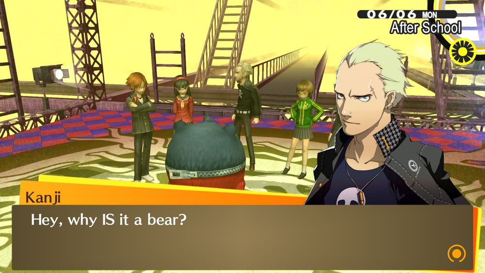 The gang talking to teddie in the TV world in the entrance 

"Hey why IS it a bear"-kanji