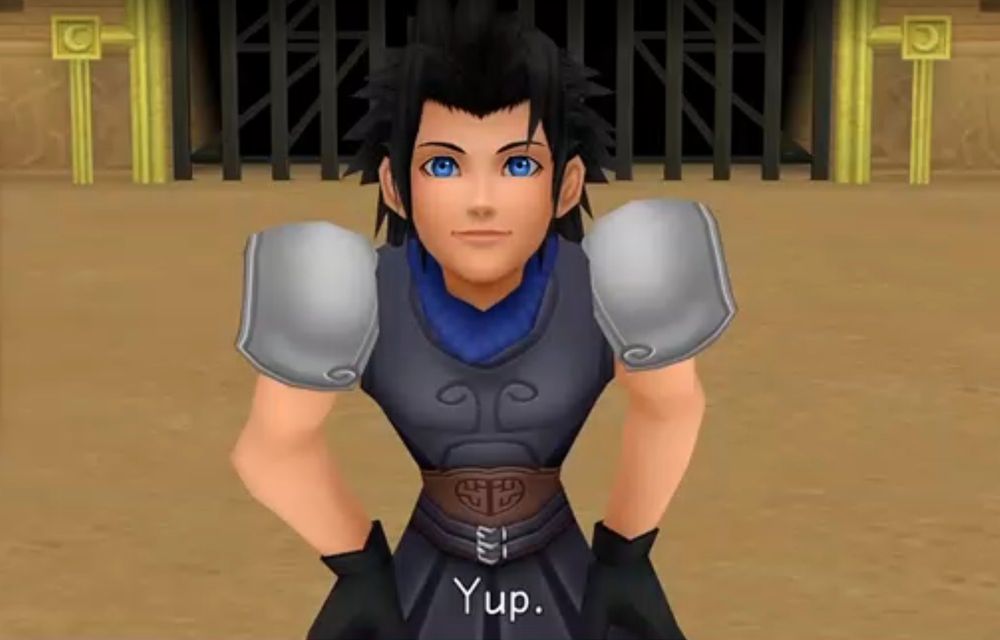 screenshot of animated zack fair from kingdom hearts birth by sleep saying, "yup."