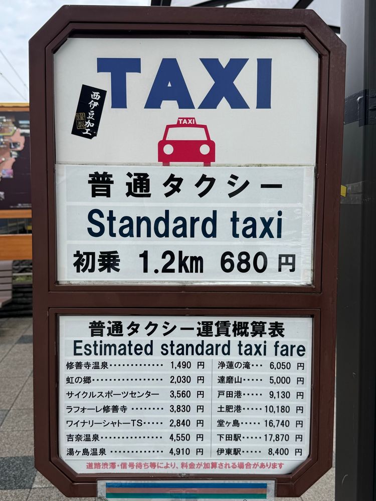 修善寺駅からタクシー乗車料金目安表の看板。