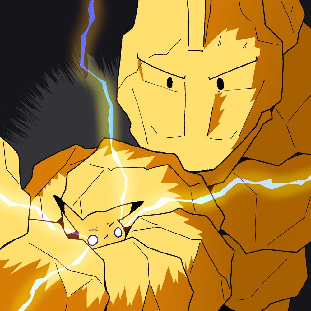 A digital picture of Pikachu and Onyx from Pokémon. Onyx is holding Pikachu tightly in his tail while Pikachu is using thundershock.