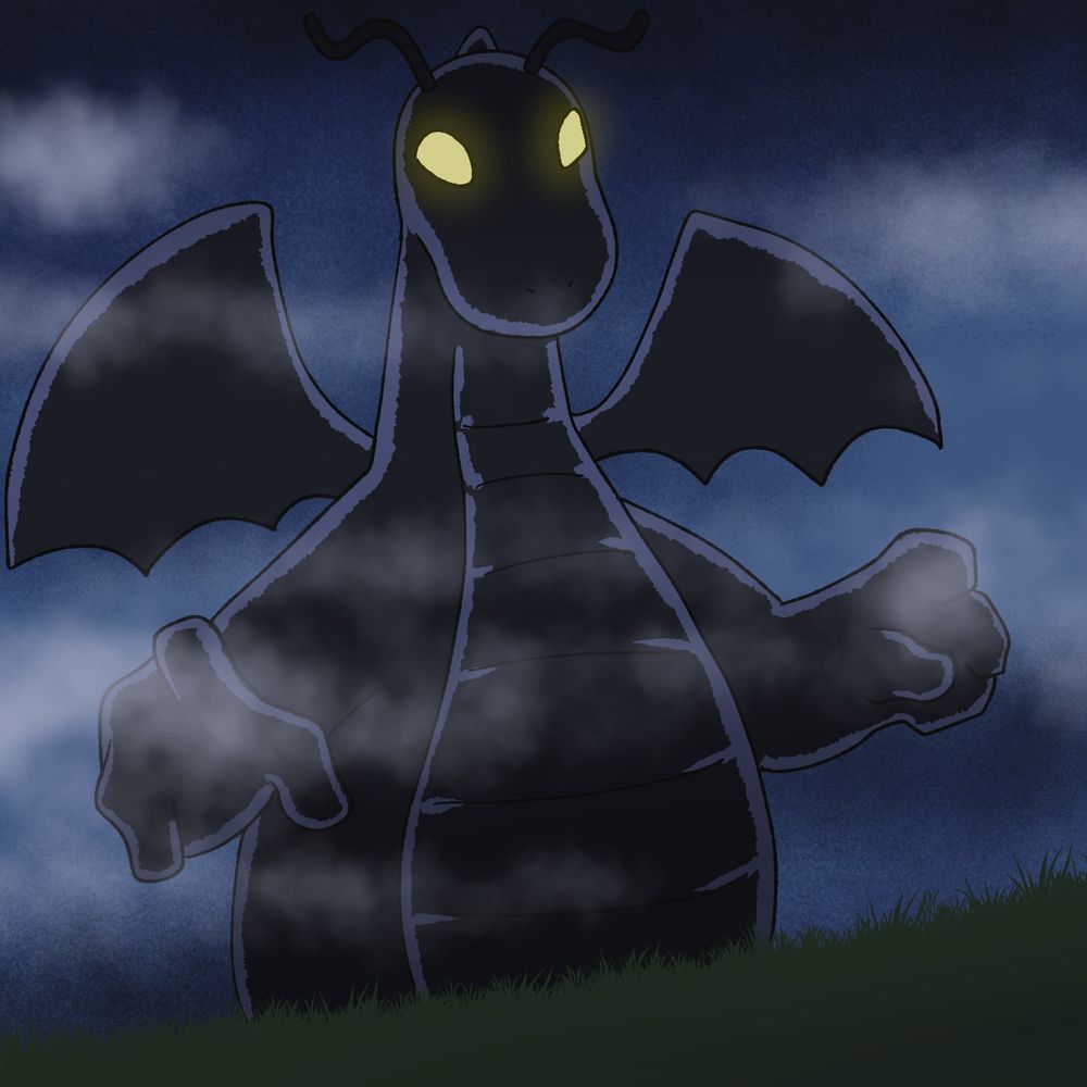 A digital picture of a big shadowy figure. It is the shape of a Dragonite from Pokémon. It is dark and misty.