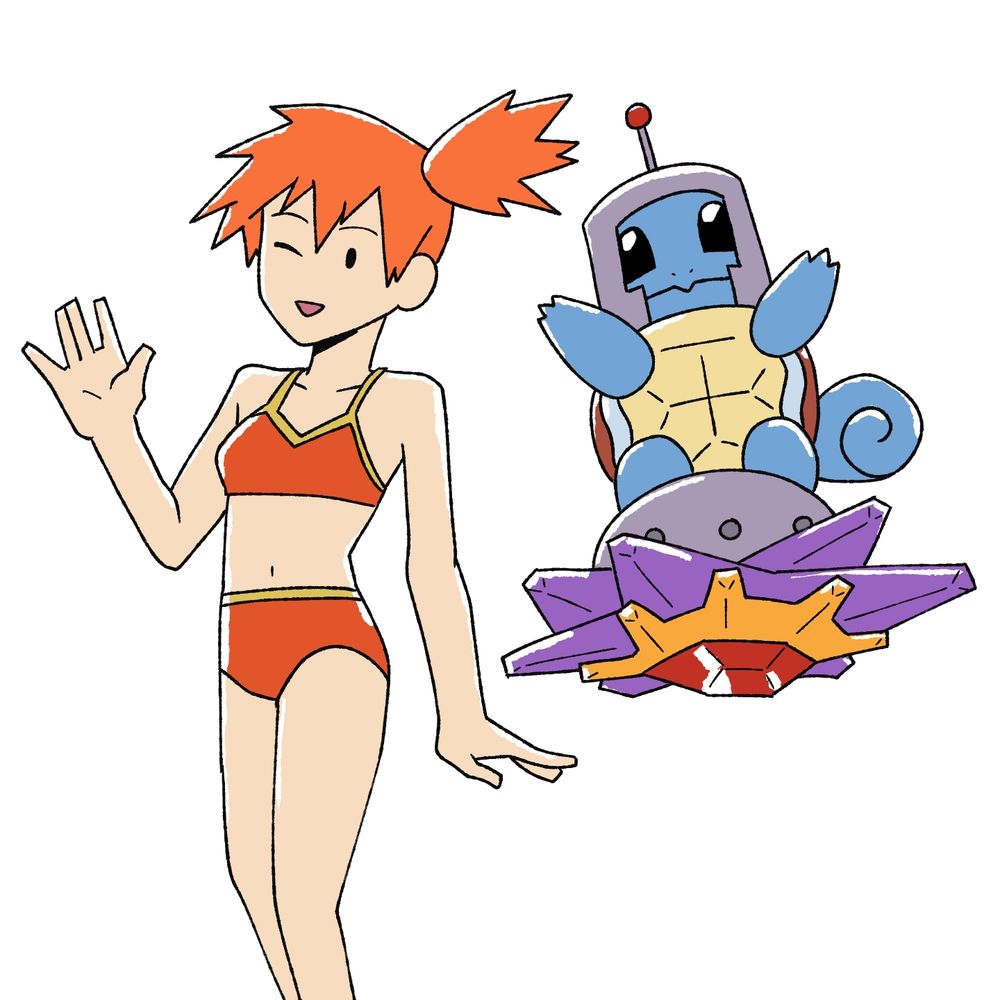 A digital picture of Misty, Squirtle and Starmie from Pokémon. Misty is in an orange bikini waving, Squirtle has a metal hat on and is riding on Starmie pretending to be some extraterrestrial being.