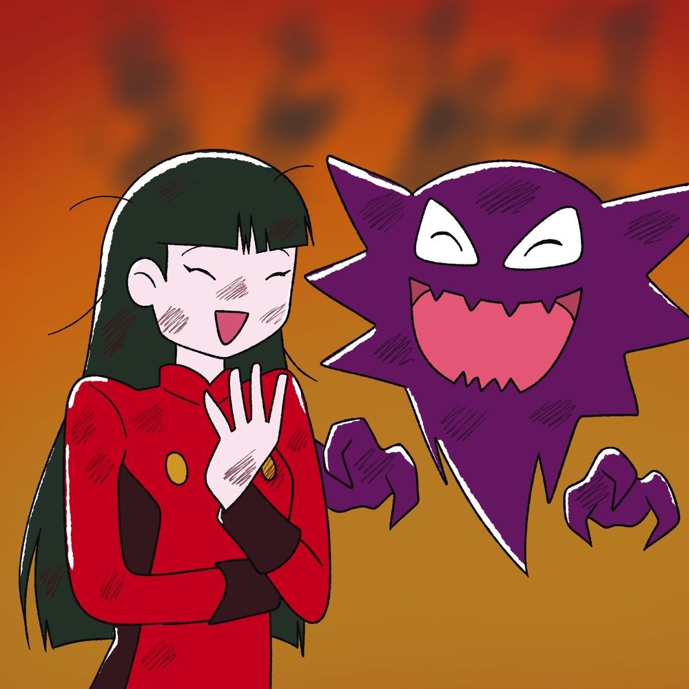 A digital picture of Sabrina and Haunter from Pokémon. They are both laughing while covered in grime and smoke.
