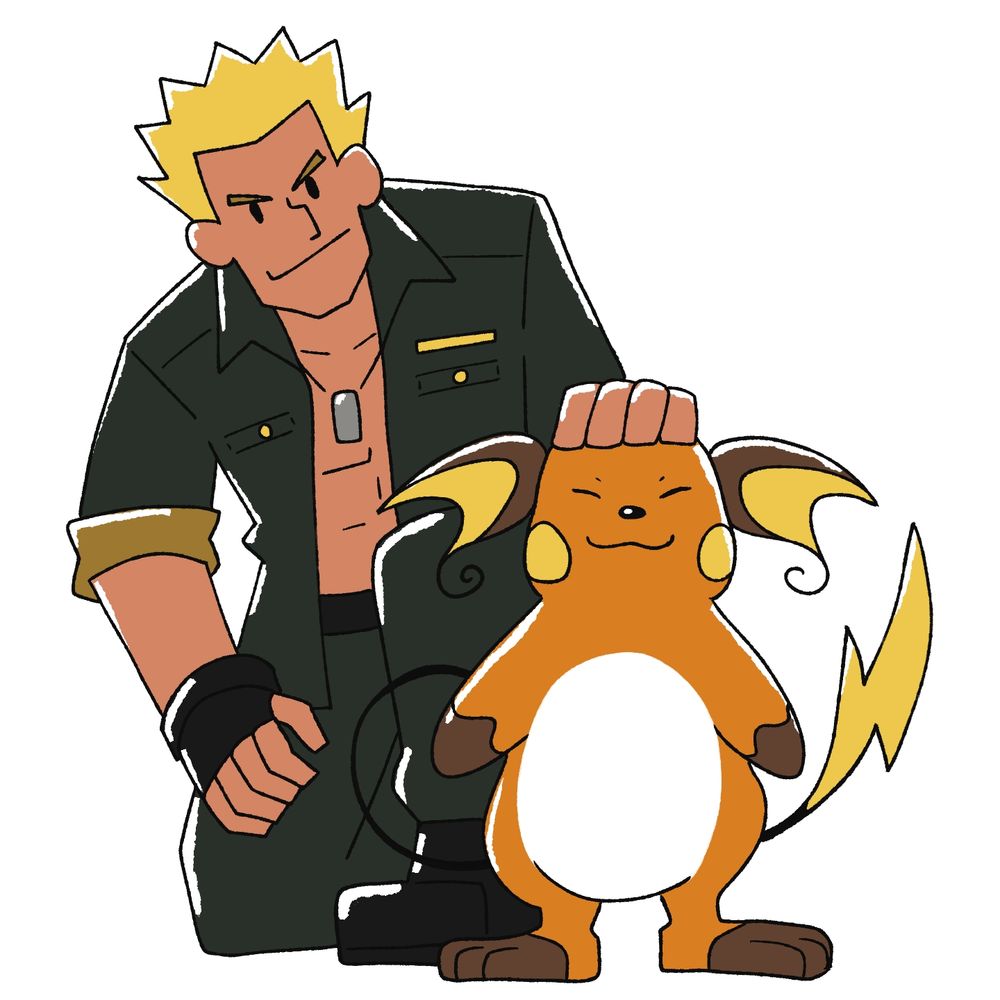 A digital picture of Lt. Surge and Raichu from Pokémon. Lt. Surge is bent down, on one knee to give his Raichu headpats. Raichu looks very happy.