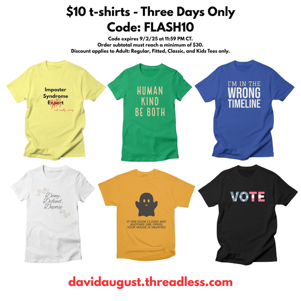 6 t-shirts displayed with various slogans: 