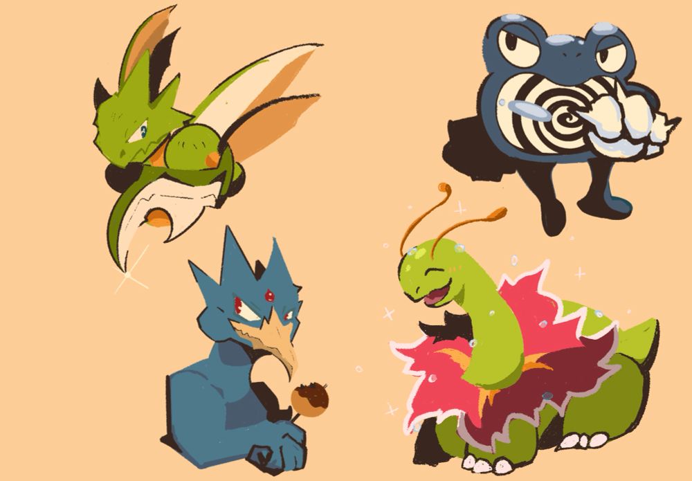 Digital illustration of some Pokemon drawn with warm tone colors and dark shadows 

Scyther / poliwrath / meganium / golduck