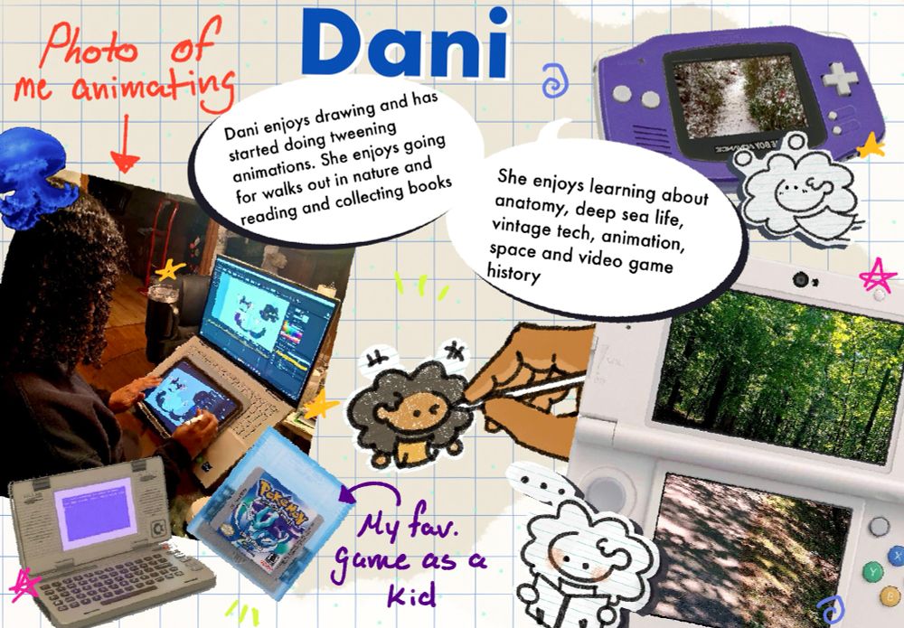 A scrapbook like page I made for myself, the text reads:

Dani enjoys drawing, has started doing tweening animations, They enjoy going for walks out in nature and reading and collecting books. They enjoy learning about anatomy, deep sea life, vintage tech, animation, space and video game history. 
