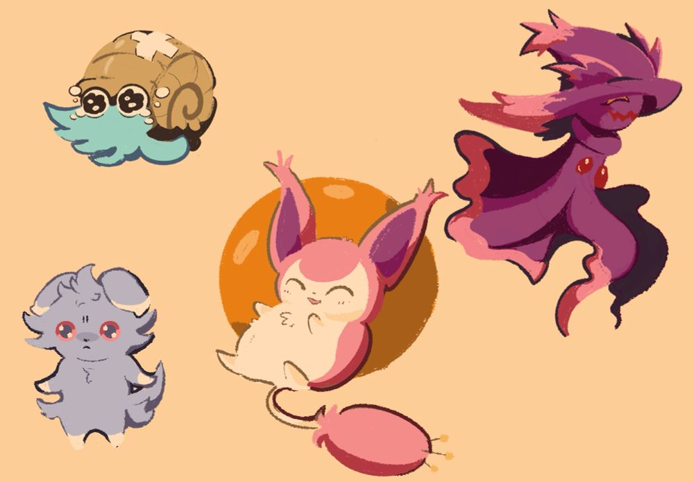 Digital illustration of some Pokemon drawn with warm tone colors and dark shadows 

Omanyte / skitty / mismagius/ espurr