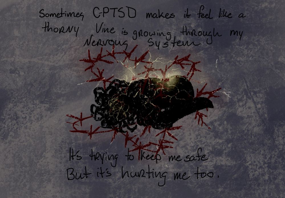 A illustration of myself as a black silhouette with my nerves coming out of my body. Red barbed wire like thorns are growing out of the nerves and tearing through them 