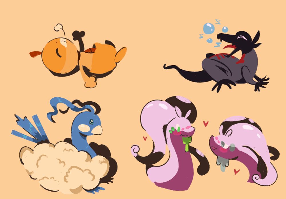 Digital illustration of some Pokemon drawn with warm tone colors and dark shadows 

Scraggy / altaria / goodra / salandit 