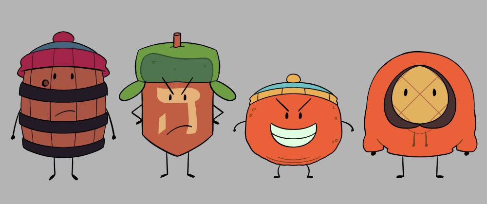 Stan is a barrel
Kyle is a dreidel
Cartman is a cheese puff
Kenny is a Waffle