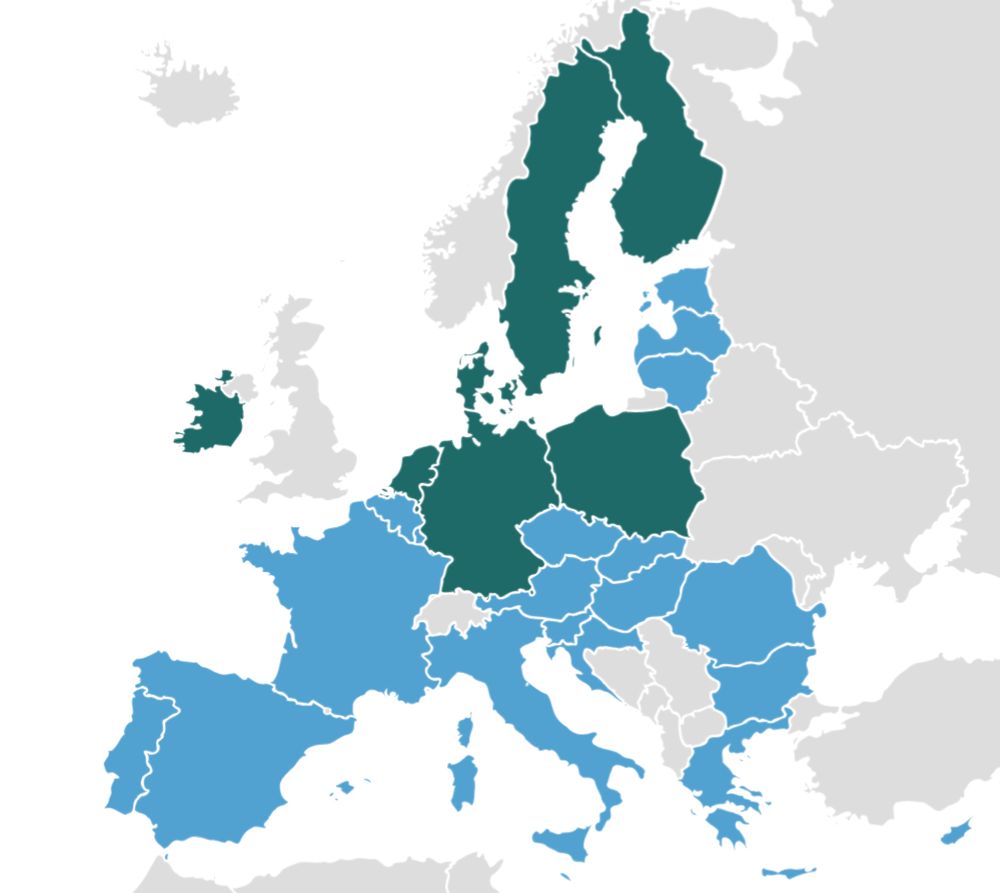 A map showing countries in dark green that have passed the threshold for signatures, being: Denmark, Finland, Germany, Ireland, Netherlands, Poland, and Sweden
And the map shows countries in light blue that are below the threshold, being: Austria, Belgium, Bulgaria, Croatia, Cyprus, Czechia, Estonia, France, Greece, Hungary, Italy, Latvia, Lithuania, Luxembourg, Malta, Portugal, Romania, Slovakia, Slovenia and Spain