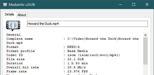 Metadata of the finished Howard the Duck encode (28.6 GBs)