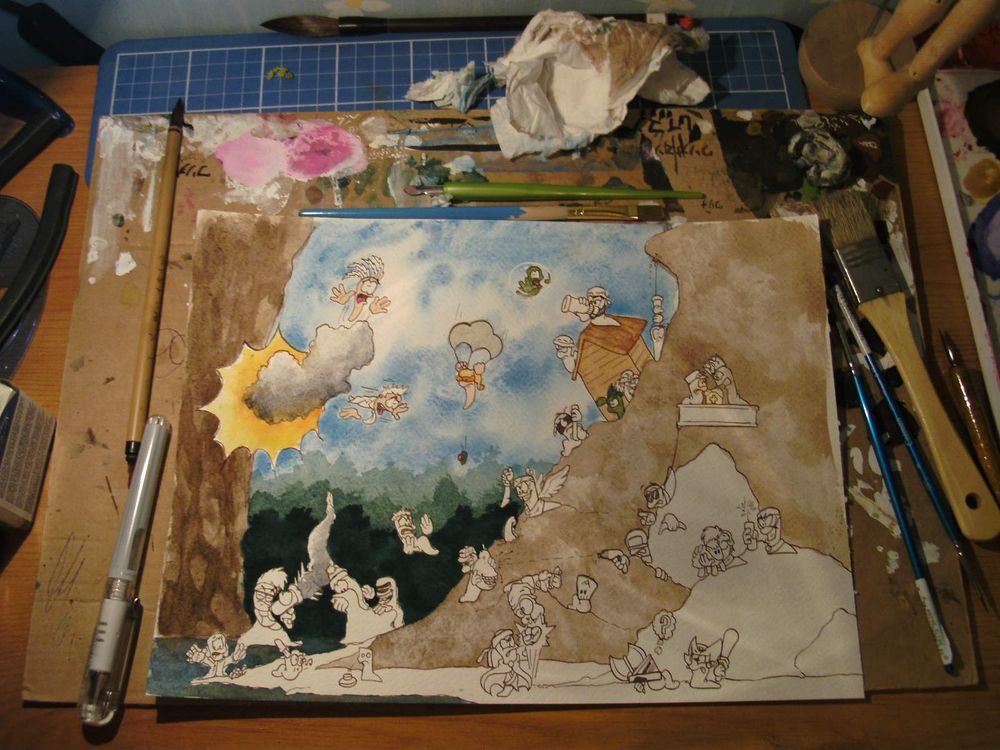 A photo of an artwork based on members of the Worms community, while being painted
