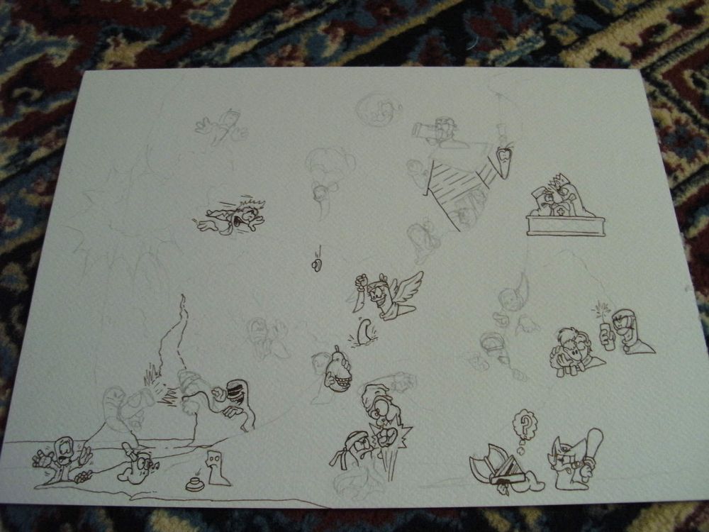 A photo of an artwork based on members of the Worms community, while being inked and still having pencils