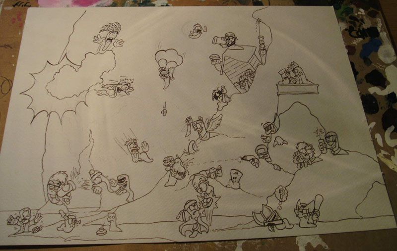 A photo of an artwork based on members of the Worms community, while being inked