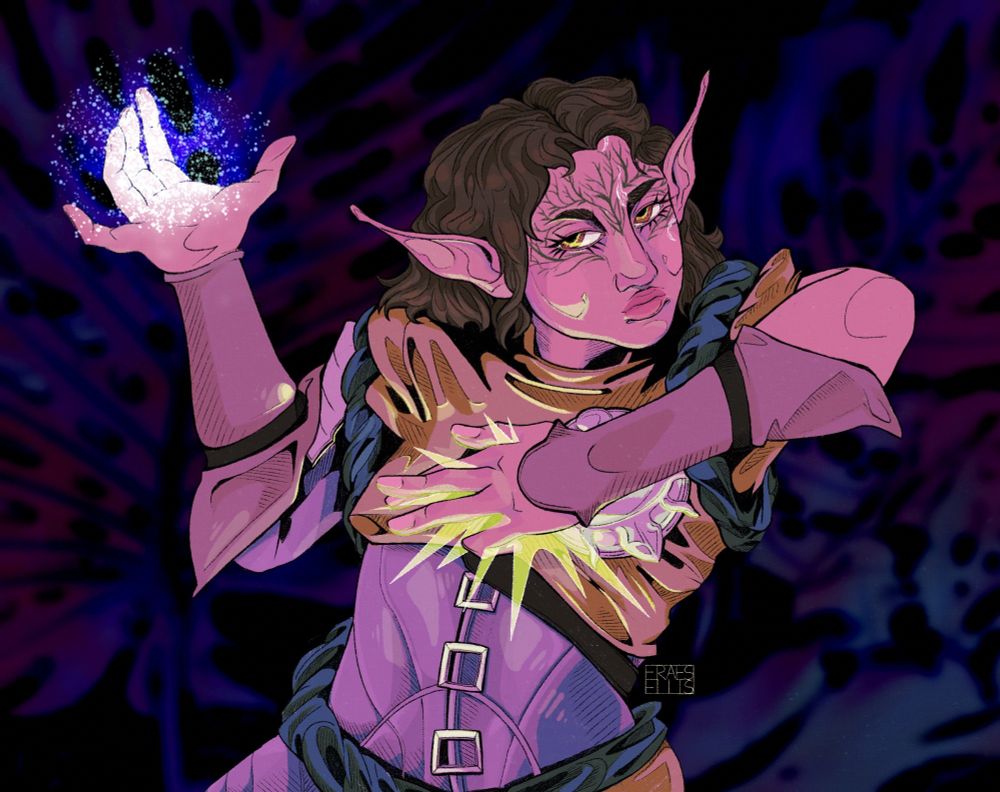 Inquisitor Lavellan with Mythal vallaslin under pink light with frost magic in her right hand and the Anchor alight in her left. the background is a dark, low saturation, multi-color edit of plant leaves