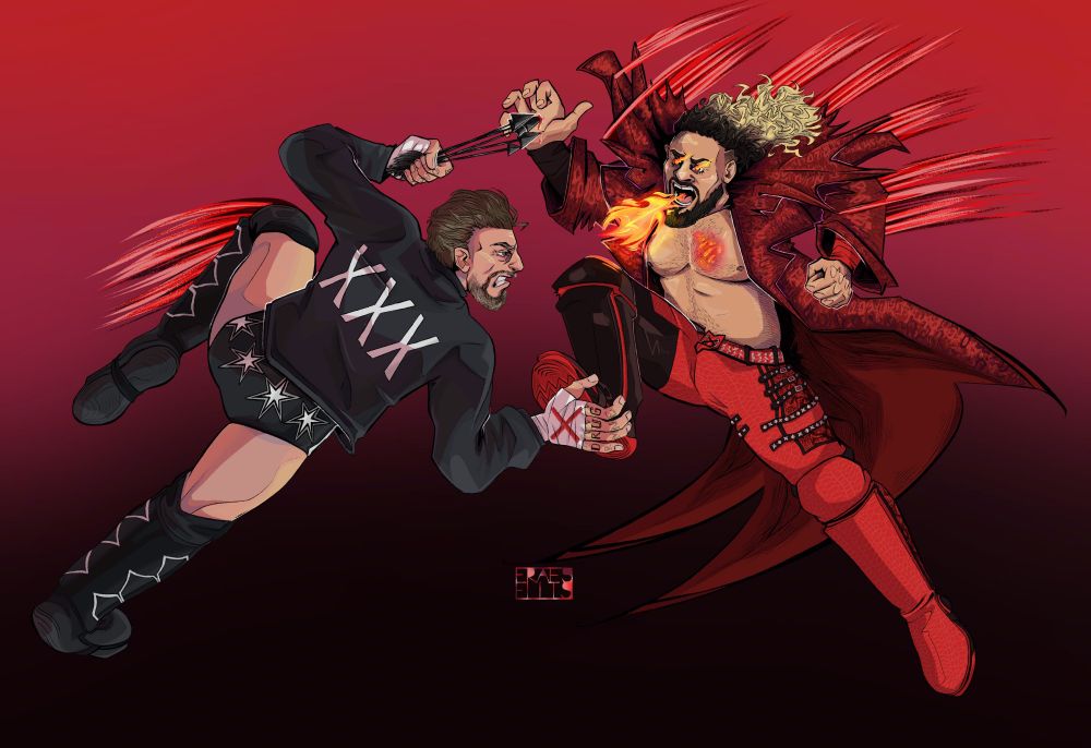 CM Punk & Seth Freakin' Rollins clash wearing their ring gear. Punk has a fist full of arrows stabbing Seth's hand, while blocking the stomp. Seth is breathing fire, while his heart glows inside his chest, featuring Dark Determination. 