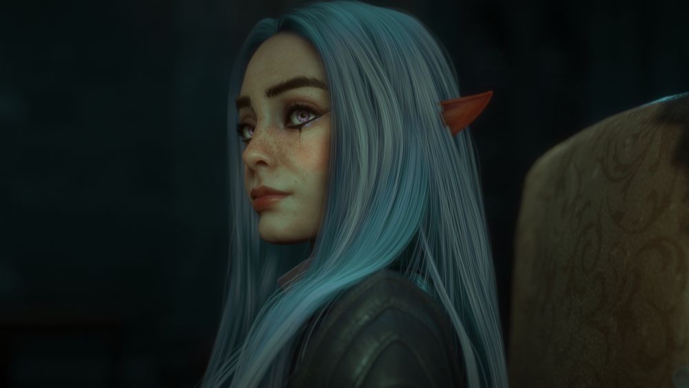 a screenshot from Dragon Age the Veilguard showing Rook. Rook is a female elf with long white hair, heavy black eye liner around her purple eyes and freckles