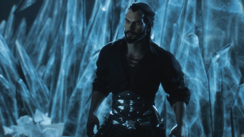 a screenshot of Lucanis Dellamorte standing in front of the crystal he was trapped in. He has an angry expression on his face and wears a black v-neck shirt and leather pants
