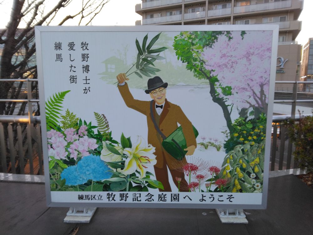 大泉学園駅前に設置されている牧野記念庭園の案内看板。